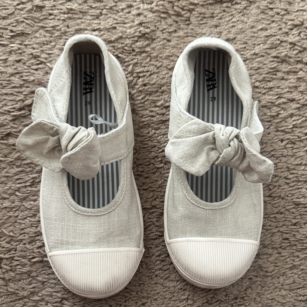 Zara Light Beige Bow-Top Canvas Mary Janes for Girls